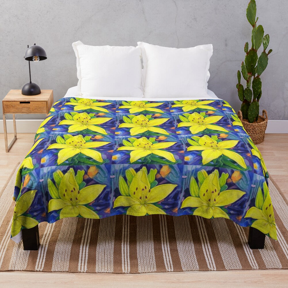 Fireburst lily plush blanket featuring a watercolor-style yellow lily design