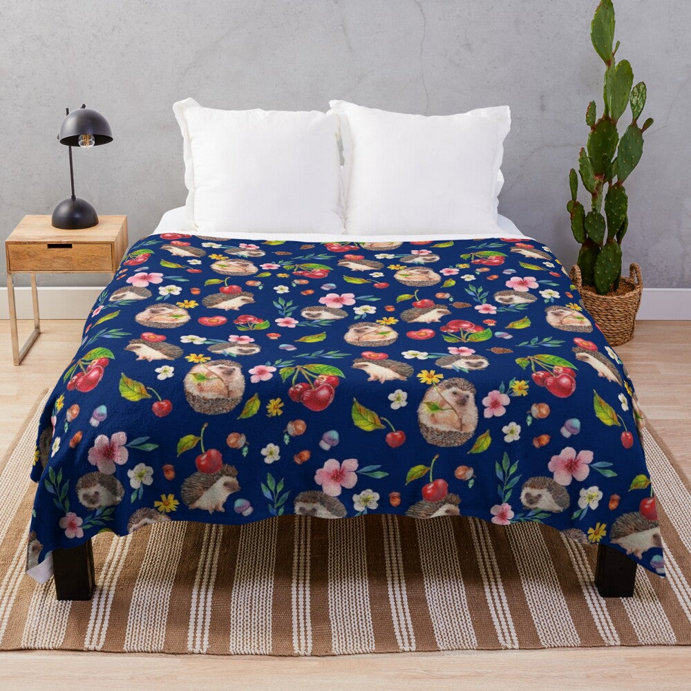 Cozy plush blanket featuring a watercolor hedgehog design with autumn florals and botanicals