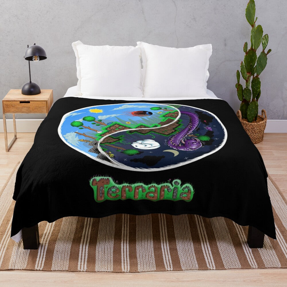 Terraria-inspired plush blanket featuring night and day horror design