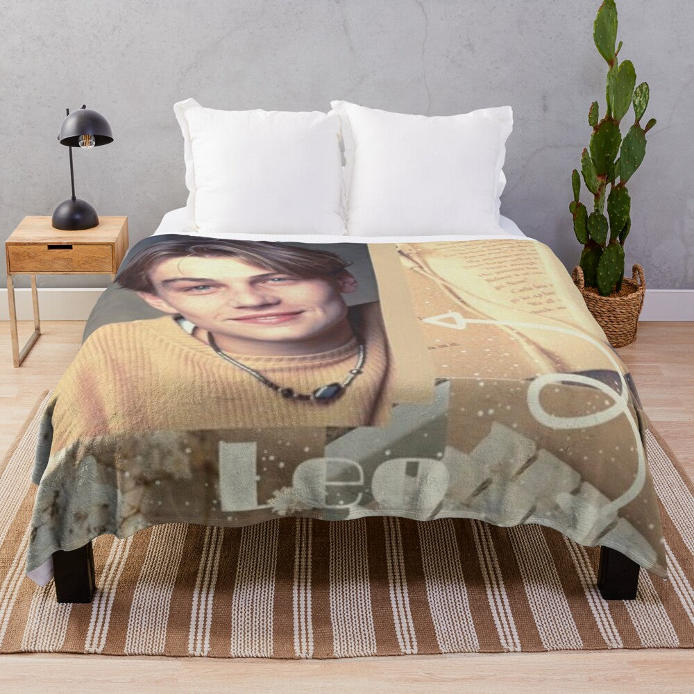 Plush blanket with a collage design featuring Leonardo DiCaprio in a yellow aesthetic