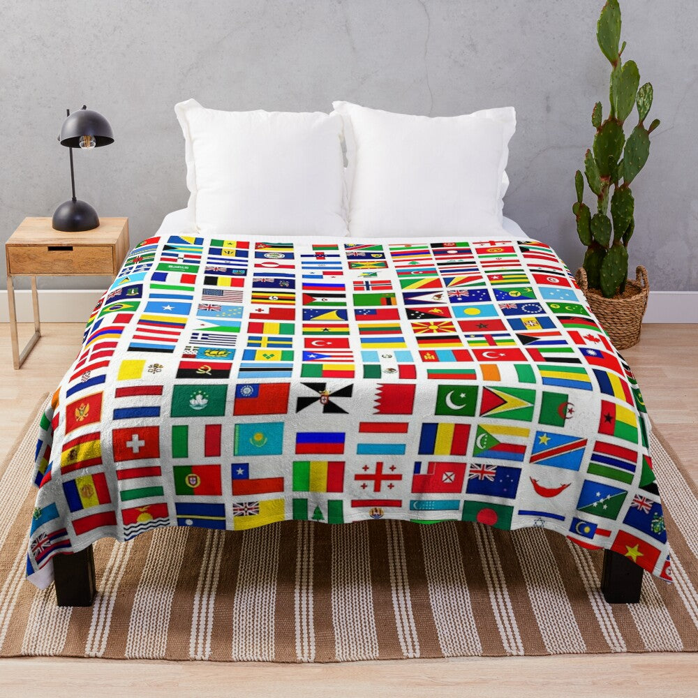 Colorful plush blanket featuring the flags of the world