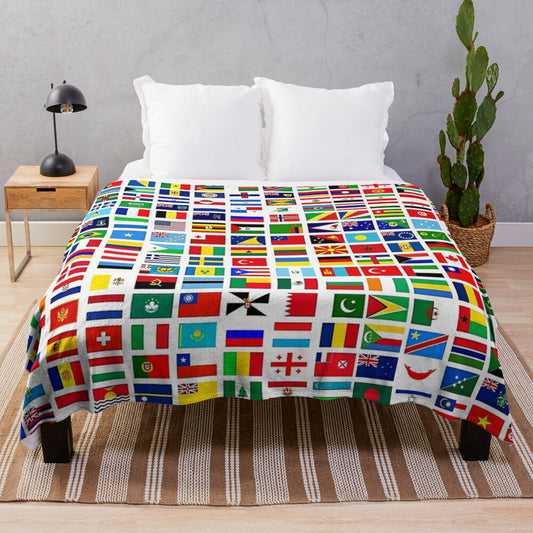 Colorful plush blanket featuring the flags of the world