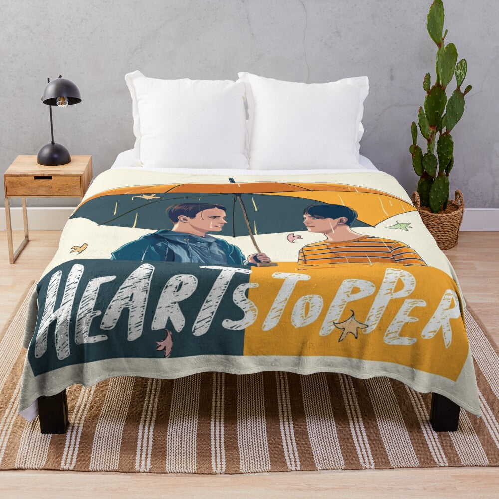 Heartstopper inspired plush blanket featuring vector art of Nick and Charlie's iconic umbrella scene from the Netflix series