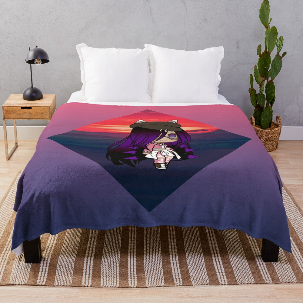 Cute plush blanket featuring an anime-inspired chibi girl design with a vibrant sunset background