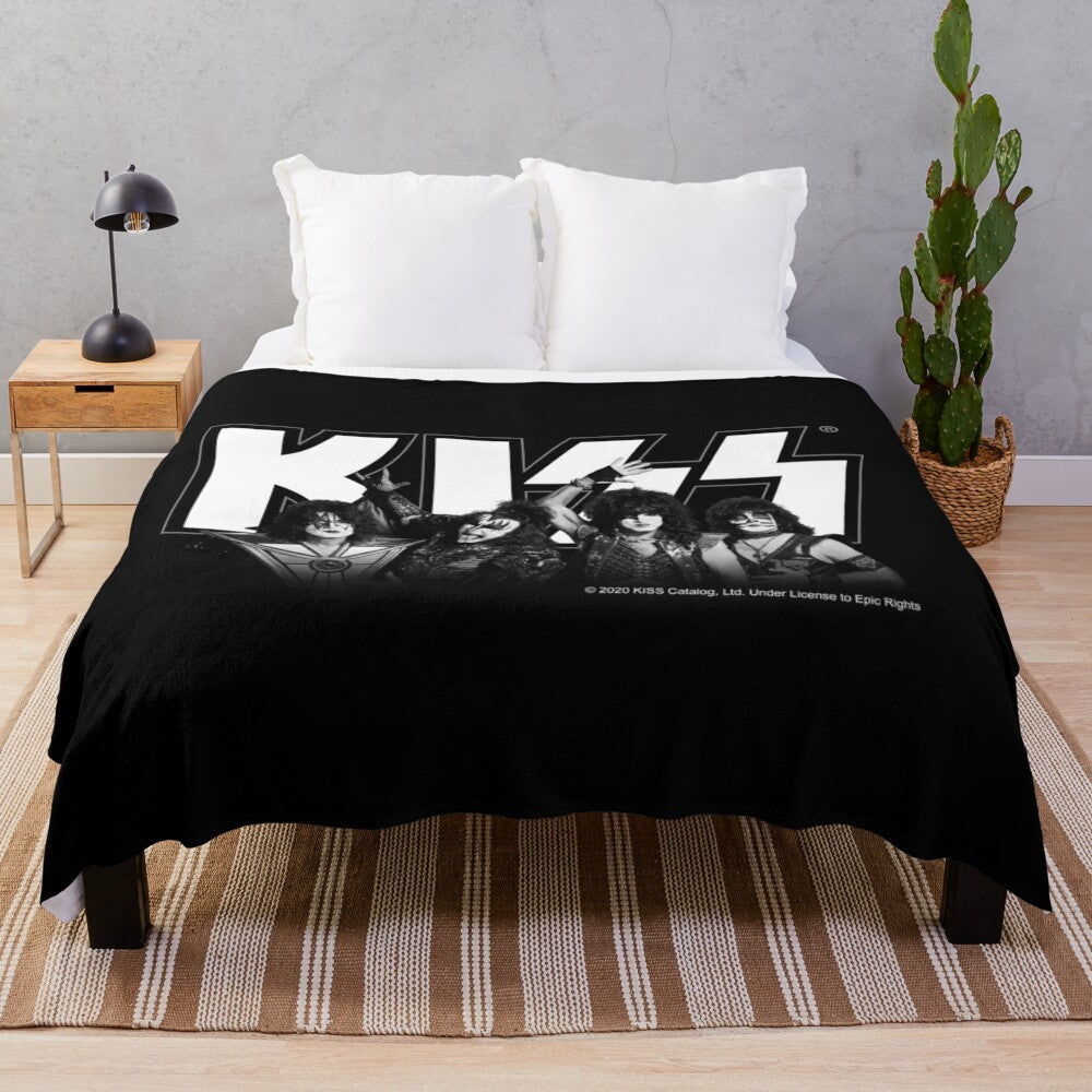 Vintage-style plush blanket featuring the members of the rock band Kiss