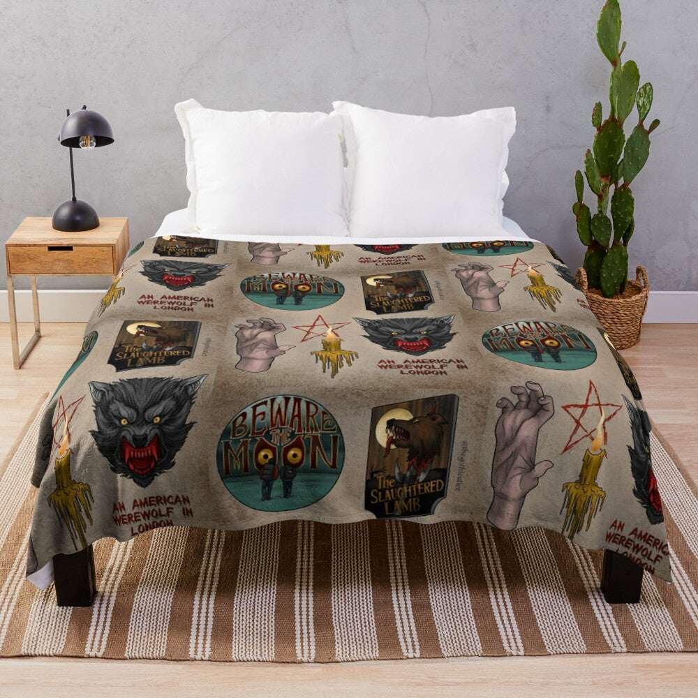 Werewolf plush blanket with tattoo-style design