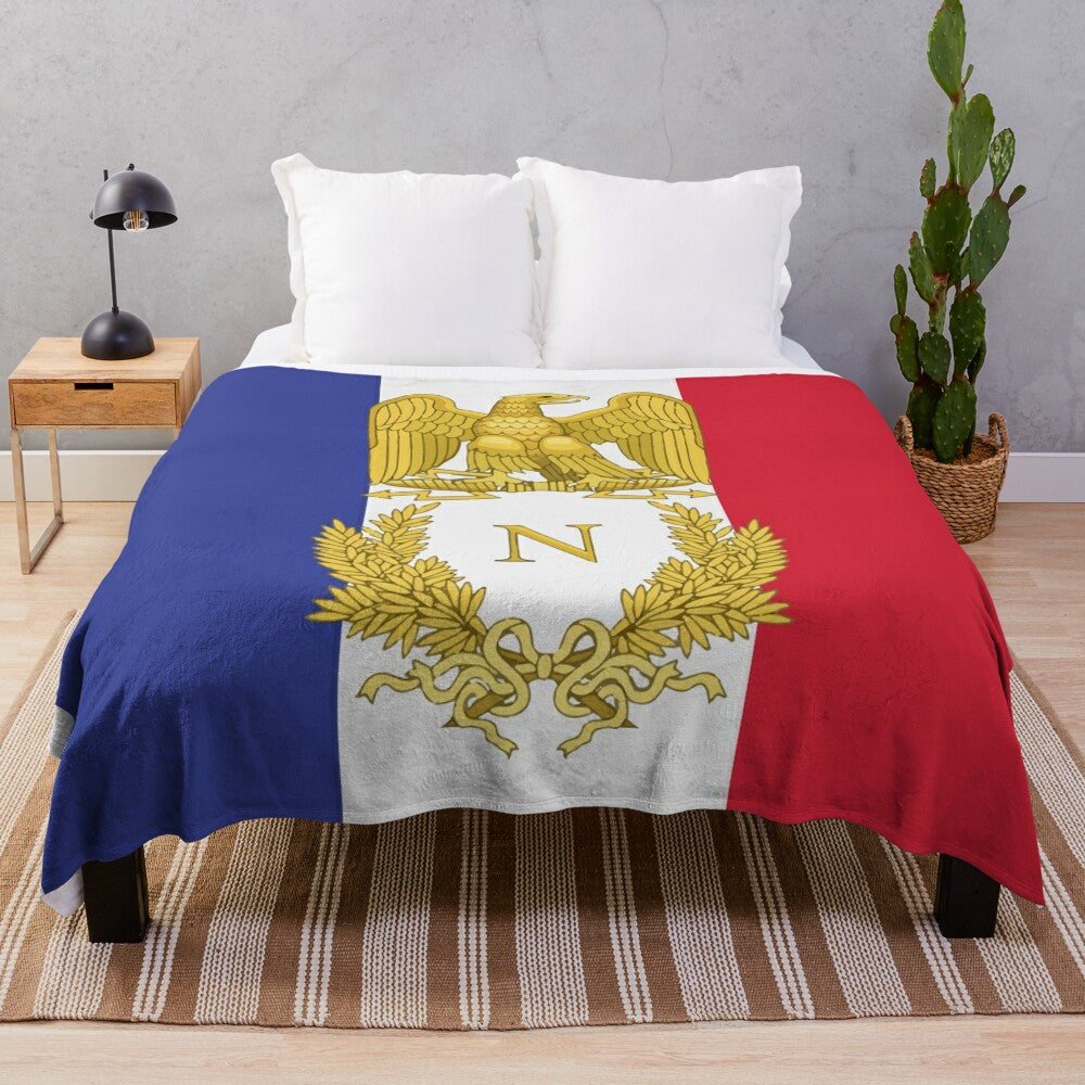 Plush blanket featuring the French flag and image of Napoleon Bonaparte