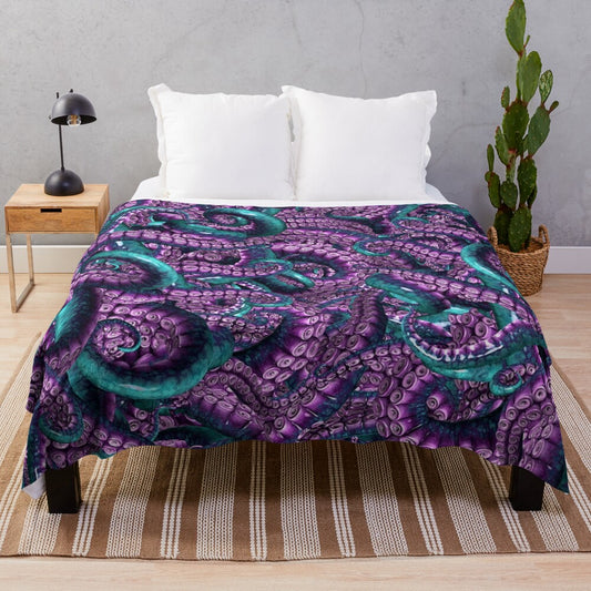 Teal and violet plush blanket featuring an octopus design inspired by horror themes