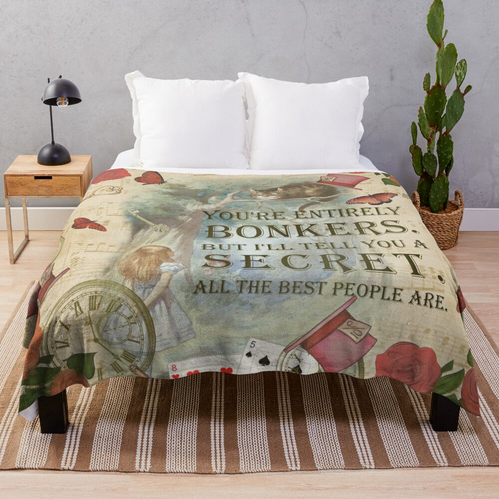 Plush blanket featuring a collage design with Alice, Cheshire Cat, and inspirational quote