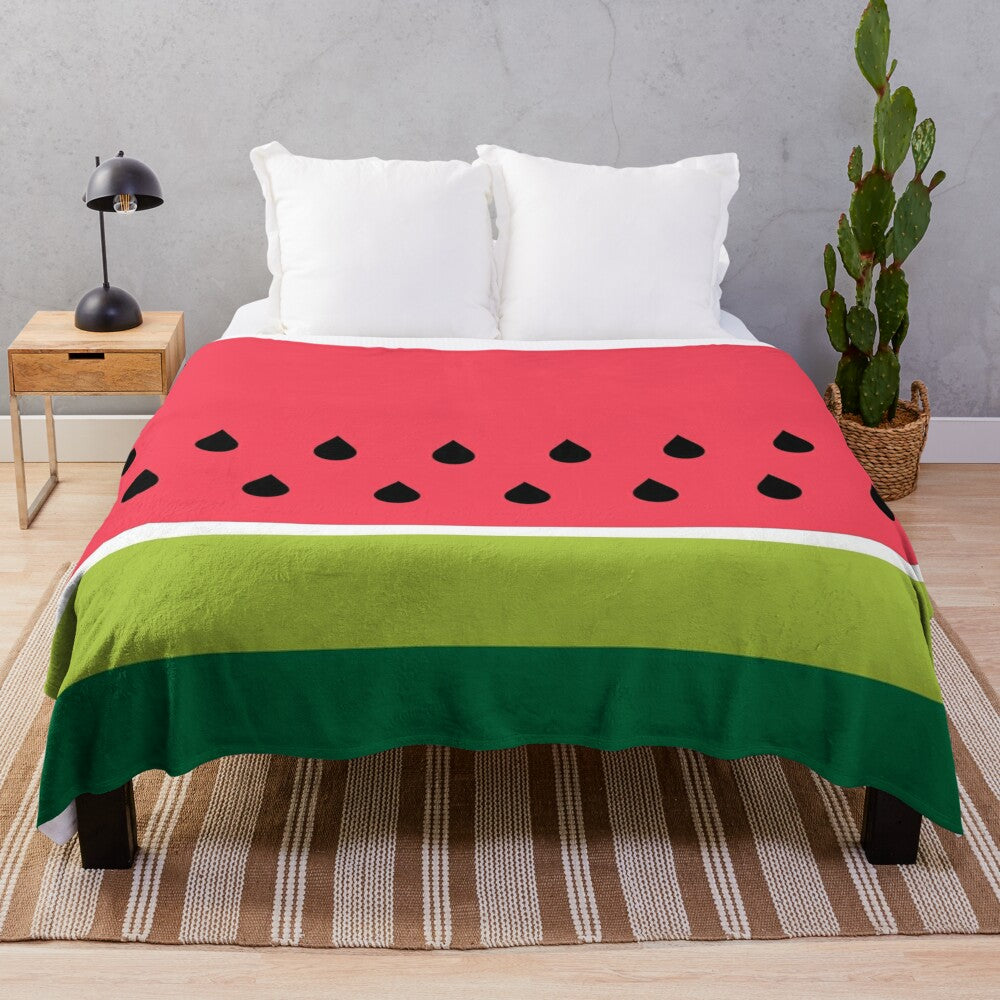 Soft and cozy watermelon-themed plush blanket with abstract geometric pink and green stripes