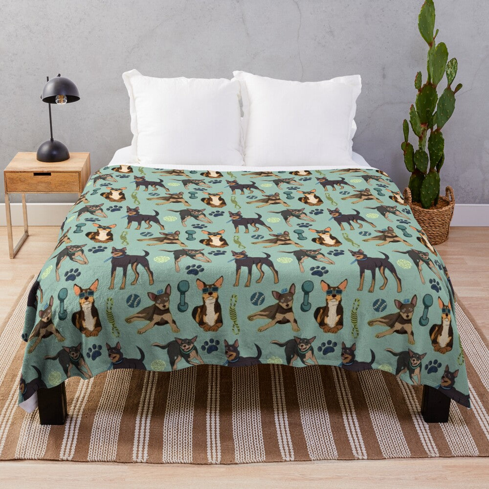 Cozy plush blanket featuring a cute Australian Kelpie dog illustration pattern