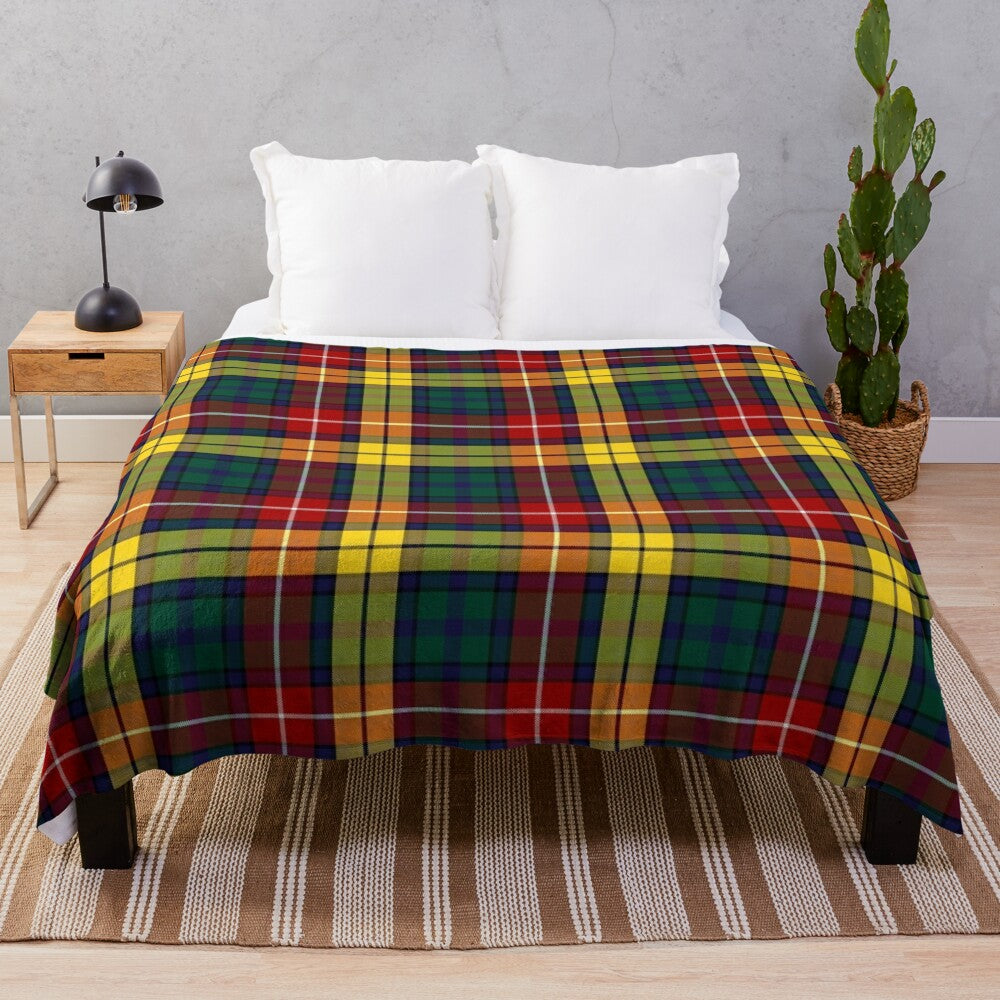 Buchanan tartan plush blanket with a colorful Scottish highland pattern