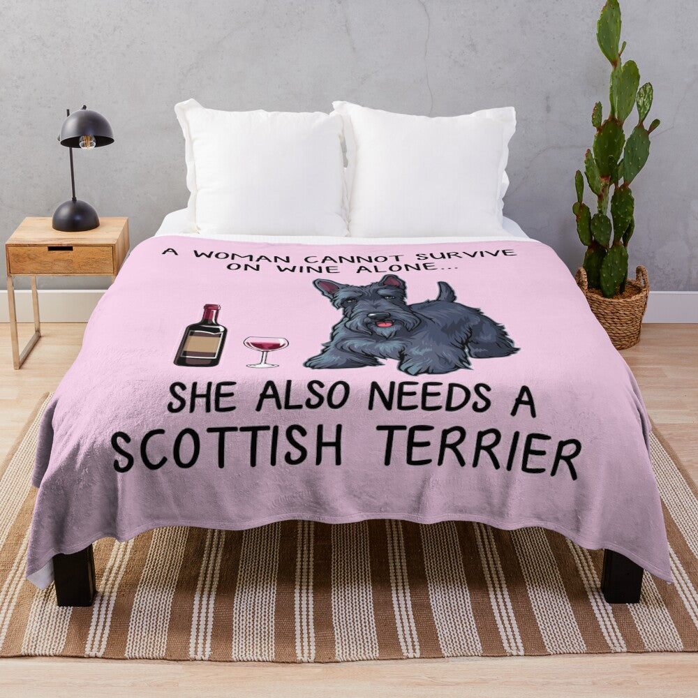 Soft and Warm Plush Blanket with Cute Scottish Terrier and Wine Design