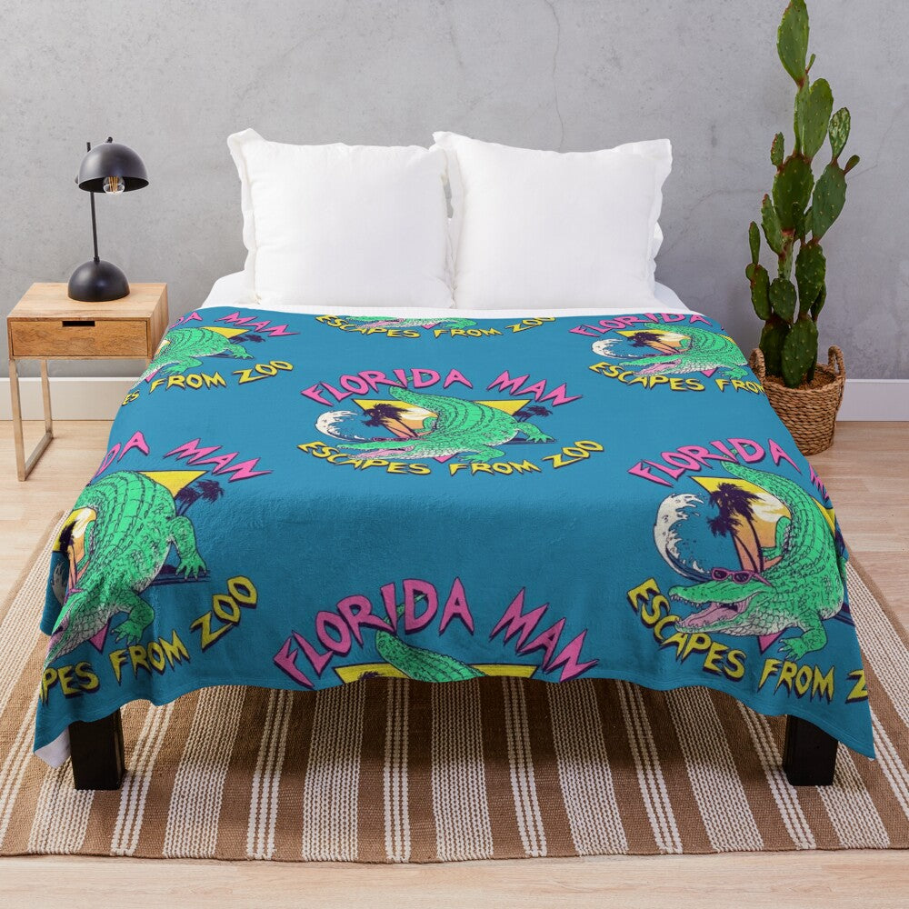 Retro Florida man plush blanket with alligator and beach imagery