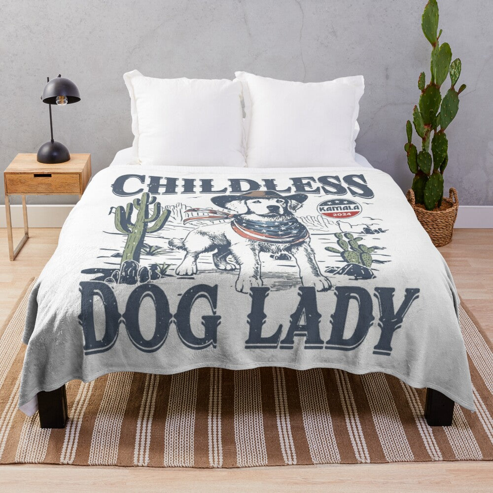 Vintage-style plush blanket featuring "Childless Dog Lady" design with Kamala Harris