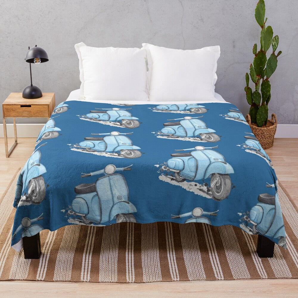 Cozy blue plush blanket featuring a vintage-style European scooter design