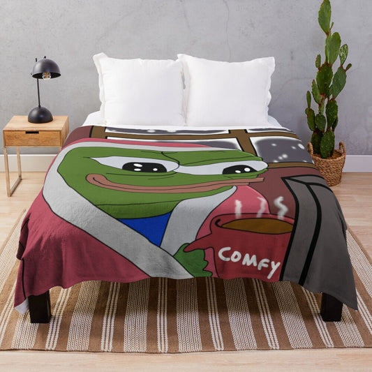 Soft and cozy plush blanket featuring a frog design inspired by internet meme culture