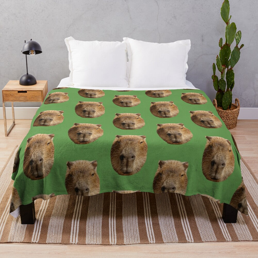 Capybara plush blanket featuring the adorable face of the semi-aquatic rodent