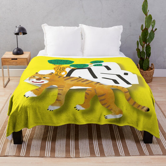 Cozy plush blanket featuring a tiger with a comedic expression in a minimalist, vintage-inspired design