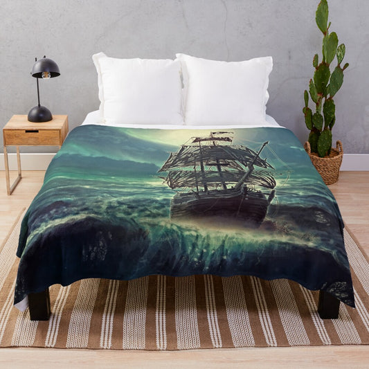 Ghost pirate ship sailing at night on a plush blanket