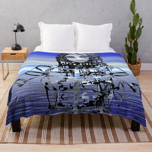 Plush blanket with a futuristic, cosmic design featuring robots, aliens, and psychedelic patterns