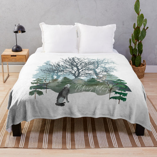 Plush blanket featuring a whimsical illustration of a forest, flora, and fauna