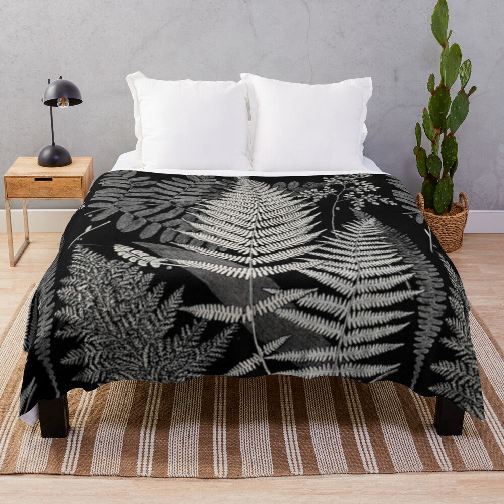 Botanical ferns plush blanket featuring a vintage, black and white design