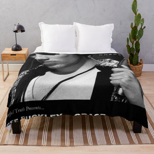 Vintage-inspired Jeff Buckley plush blanket featuring a classic rock and folk music aesthetic