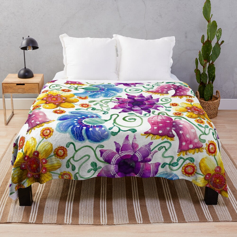 Colorful watercolor floral pattern plush blanket