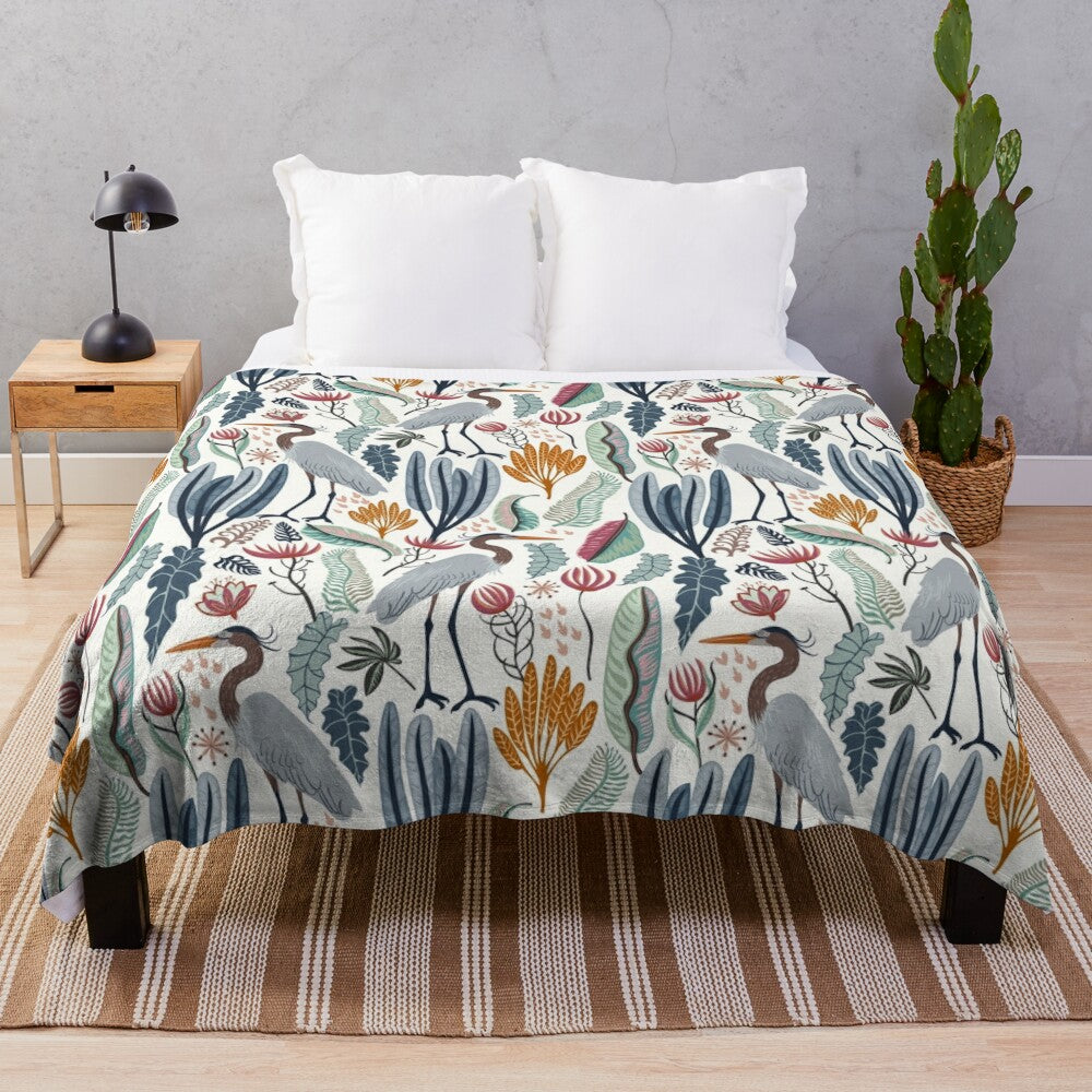 Plush blanket featuring a beautiful heron and nature-inspired design