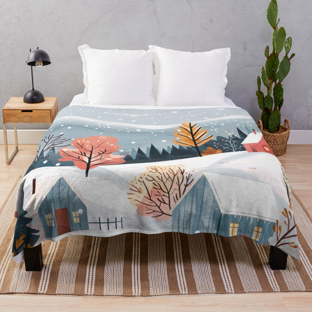 Plush blanket featuring a snowy Scandinavian winter landscape with a cozy cabin and trees