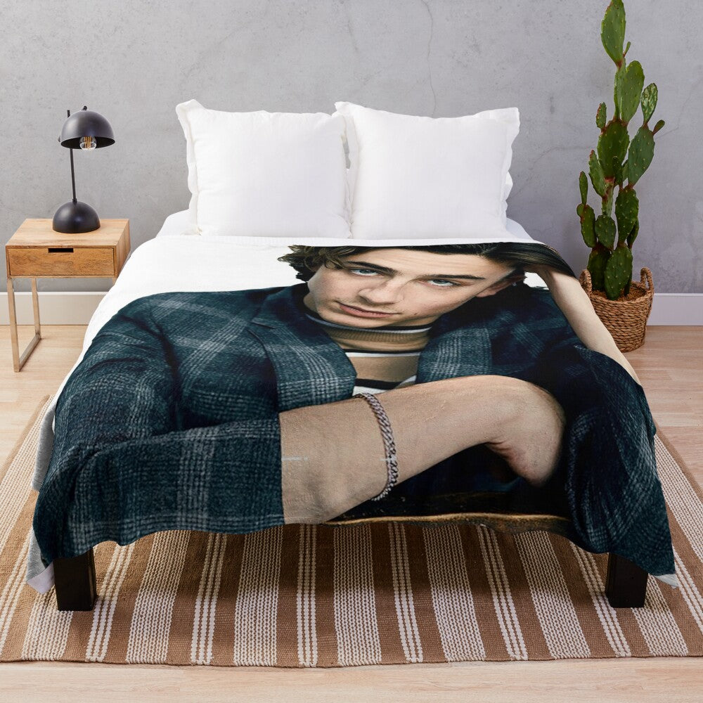 Timothée Chalamet plush blanket featuring scenes from Call Me By Your Name and Lady Bird