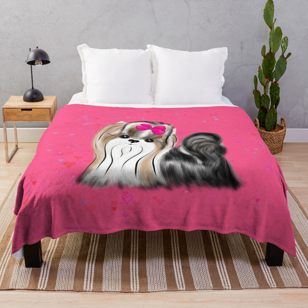 Biewer Yorkshire Terrier Plush Blanket with Pink Hearts and Red Roses