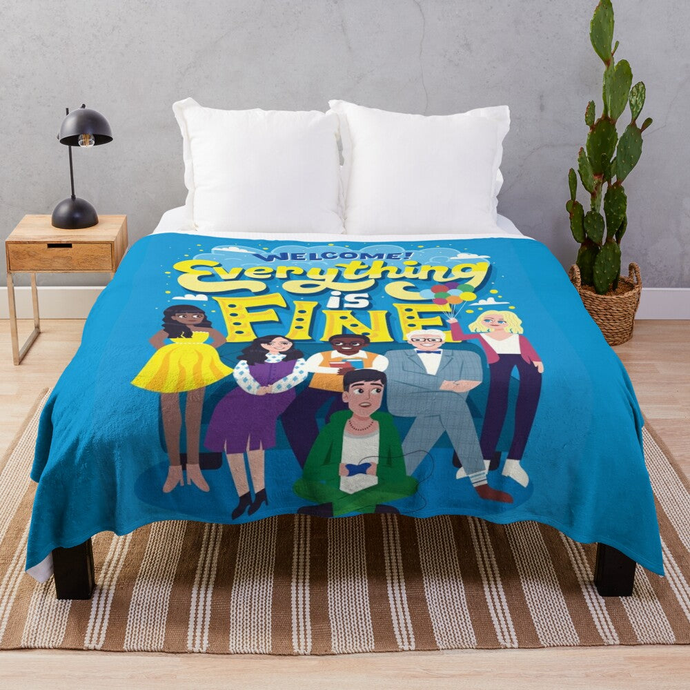 Soft and comfortable plush blanket featuring the "Everything is Fine" pop art design