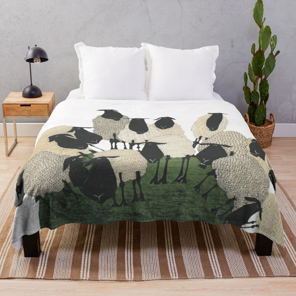 Soft and plush sheep-themed blanket with sheep on a hill design