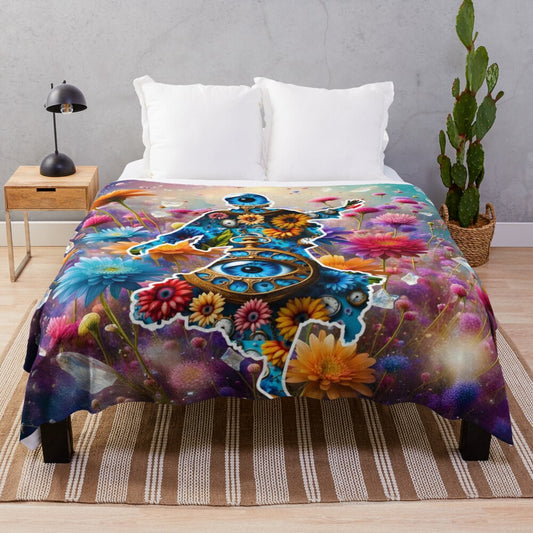 Plush blanket with a whimsical, floral dancer design in a vintage, fantasy style