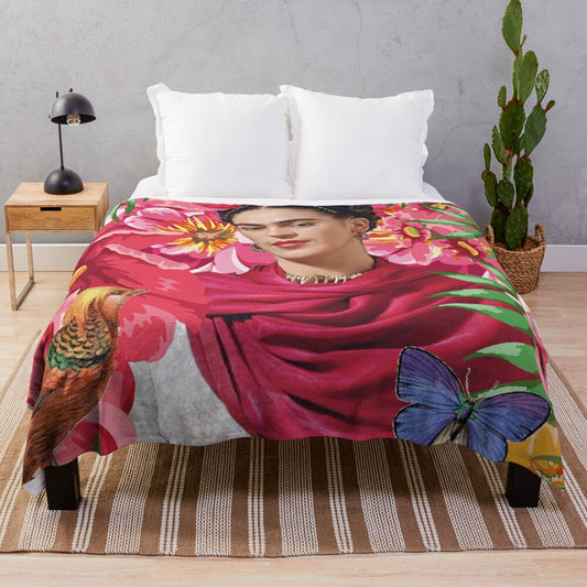 Frida Kahlo-inspired plush blanket featuring flowers, butterflies, and the iconic blue house