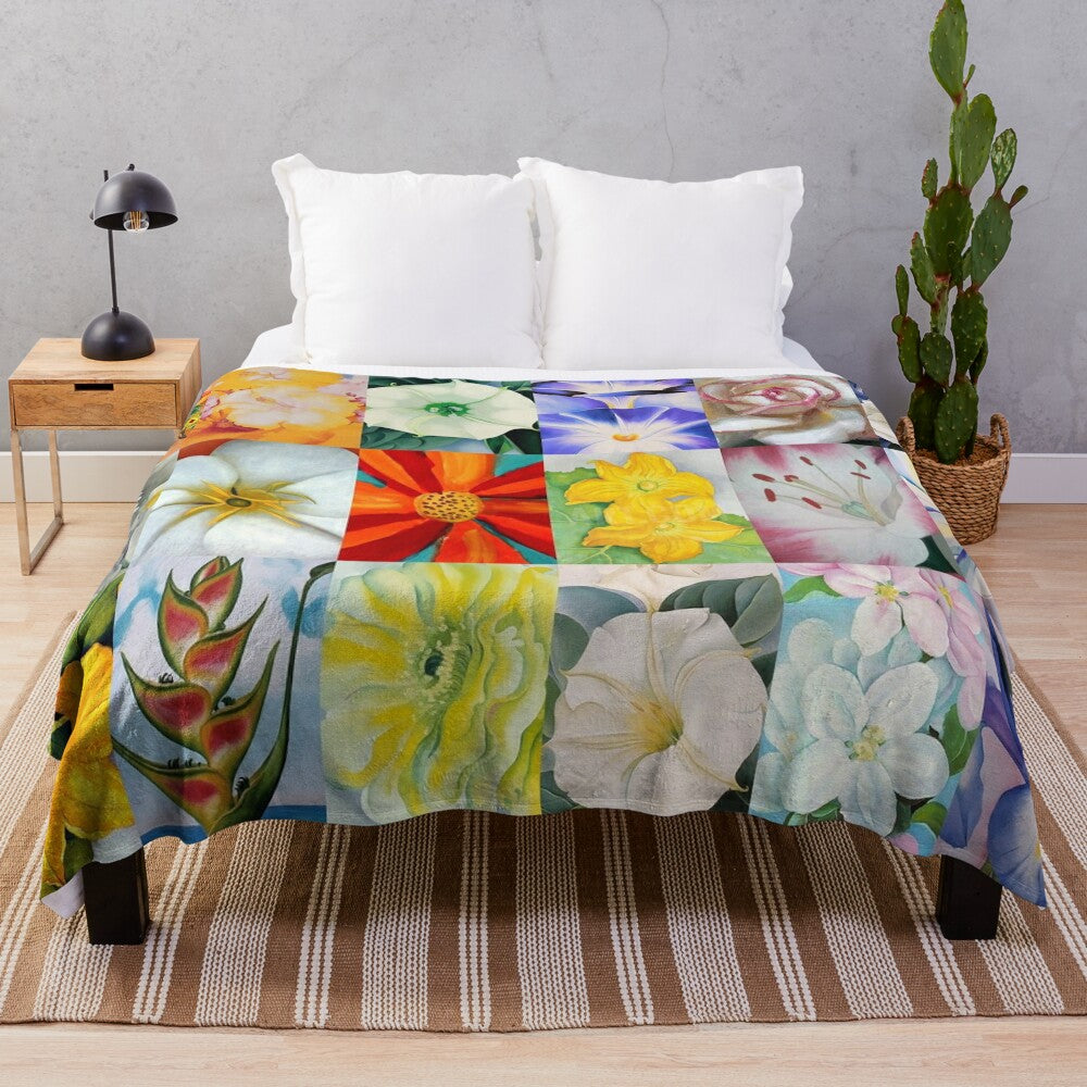 Georgia O'Keeffe inspired plush blanket featuring vibrant floral design