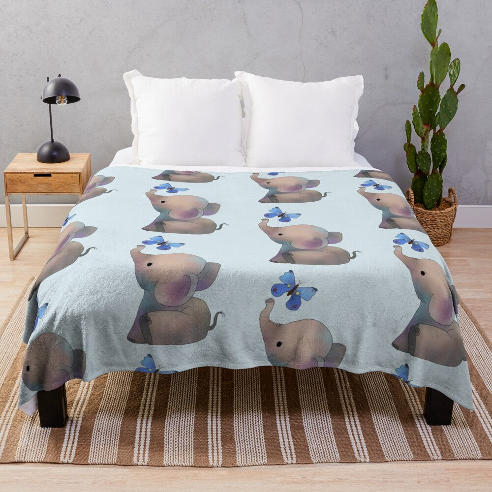 Soft blue elephant with butterfly print plush blanket