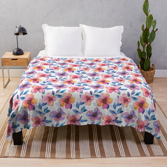 Colorful floral plush blanket with a watercolor-inspired pattern