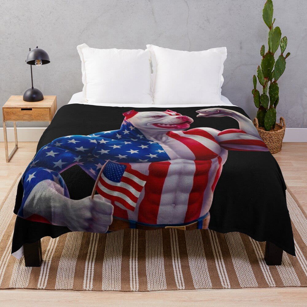 Pitbull dog breed plush blanket with American flag pattern