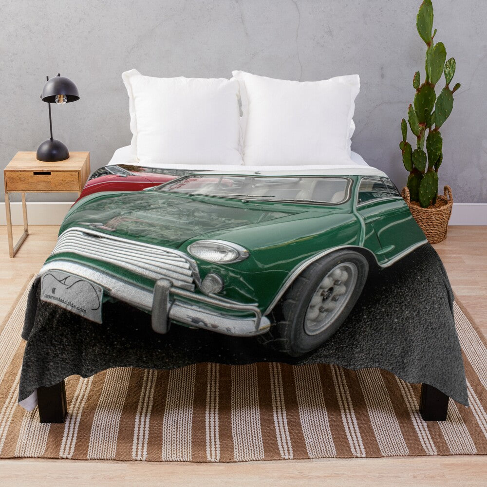 Plush blanket featuring a classic British Mini Cooper design