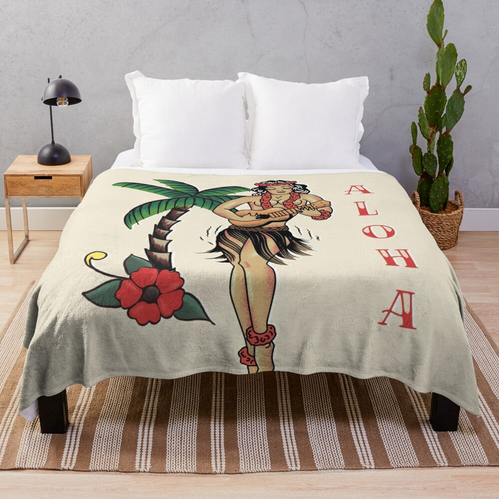 Plush blanket featuring a retro-style illustration of a hula girl in a tropical Hawaiian setting