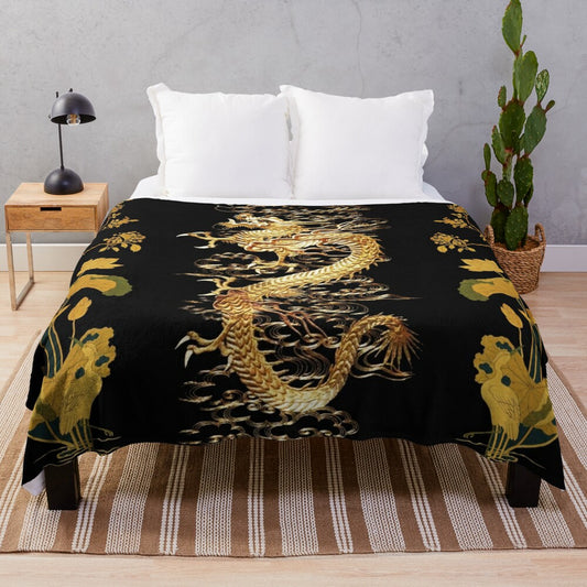 Plush blanket with digital illustration of a dragon, egret, lotus flowers, and green gold floral patterns