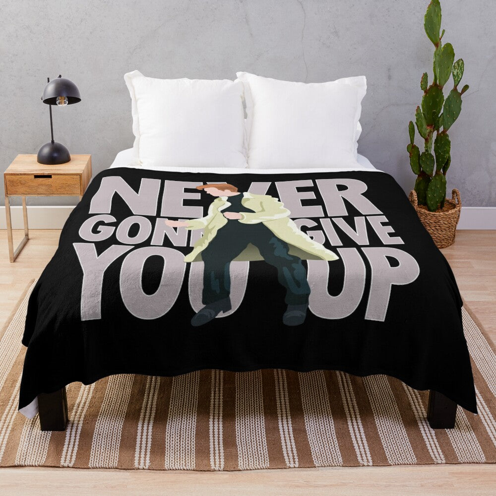 Plush blanket featuring Rick Astley's iconic "Never Gonna Give You Up" design