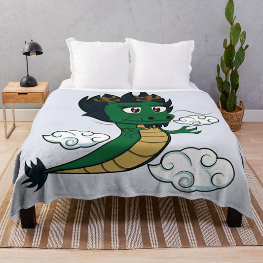 Cozy anime-inspired chibi dragon plush blanket with legendary animal design