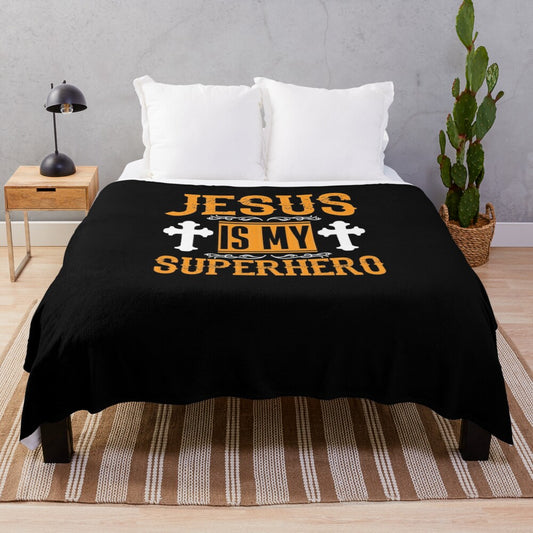 Soft and cozy plush blanket featuring the design "Jesus is my Superhero"