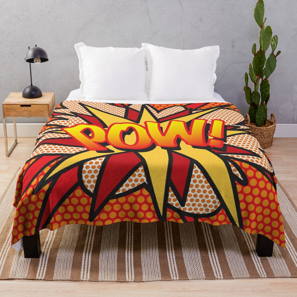 Colorful pop art style plush blanket featuring comic book graphics