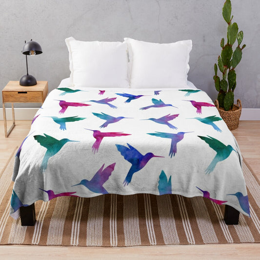 Hummingbird watercolor plush blanket featuring a beautiful, colorful hummingbird design