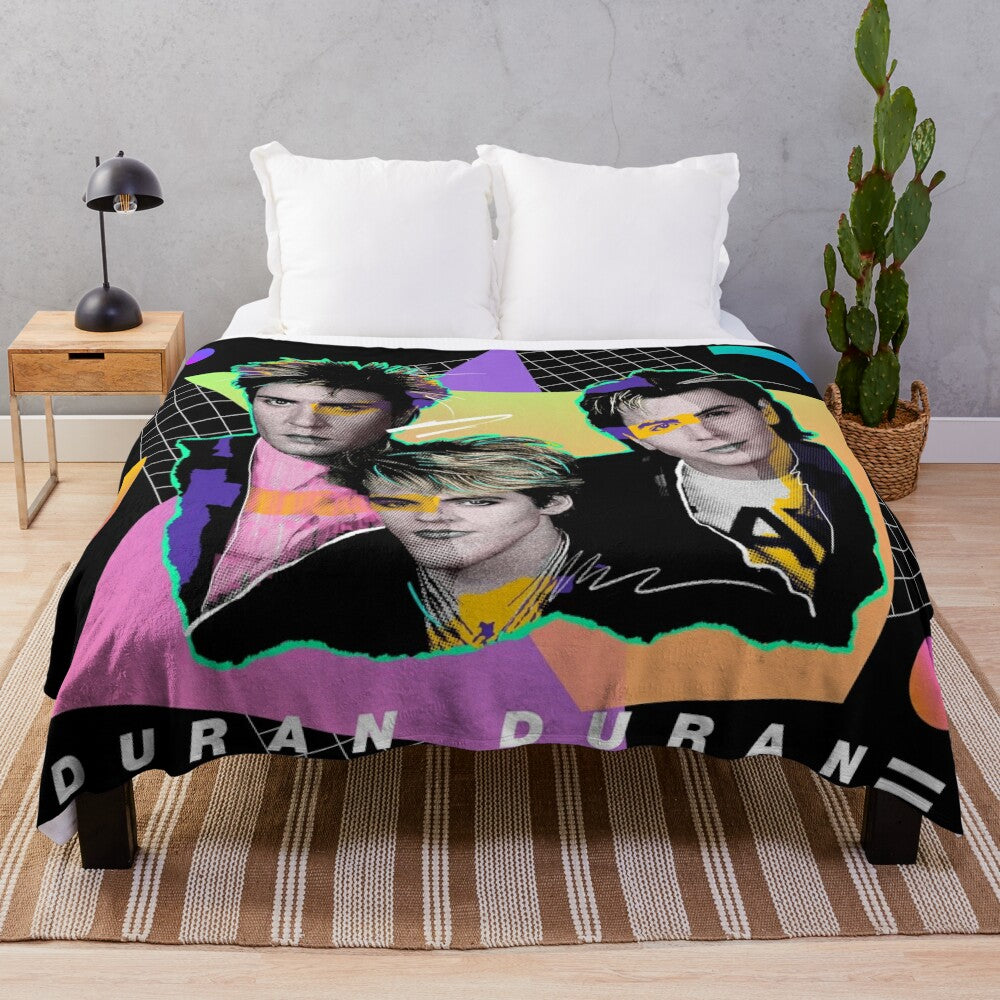 Colorful 80s style plush blanket with vibrant retro colors and abstract pop art graphic design